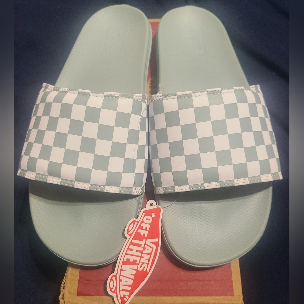 Vans La Costa "Light Grey" Checkerboard Slides, New In Box! Mens 8/Womens 9